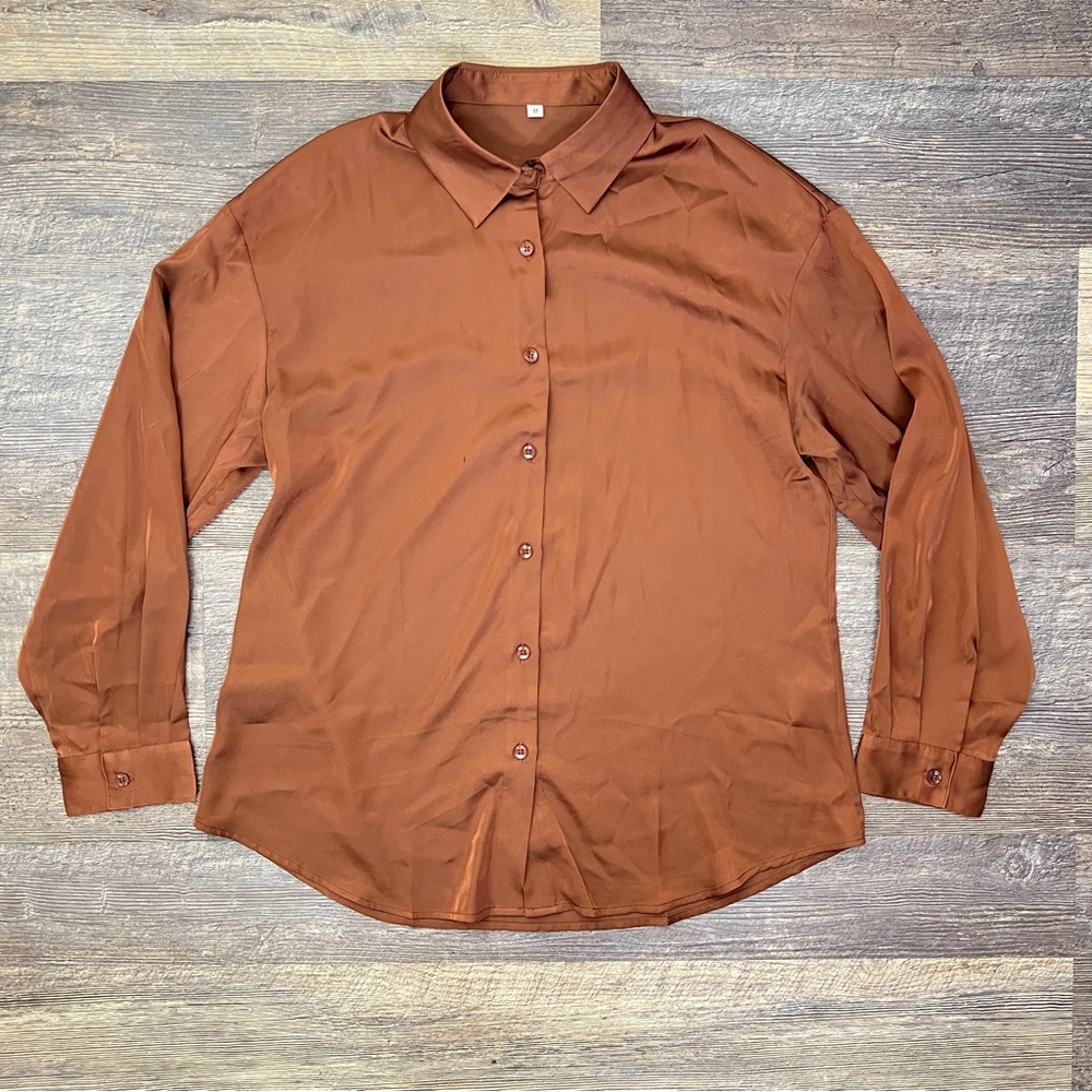 Brown satin finish blouse top shirt size medium M B 137
